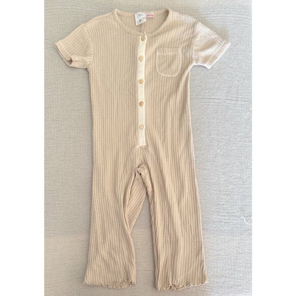Zara Tan + White Waffle Knit Button Detail Bell Short Sleeve Romper - 2 to 3 - Picture 2 of 10